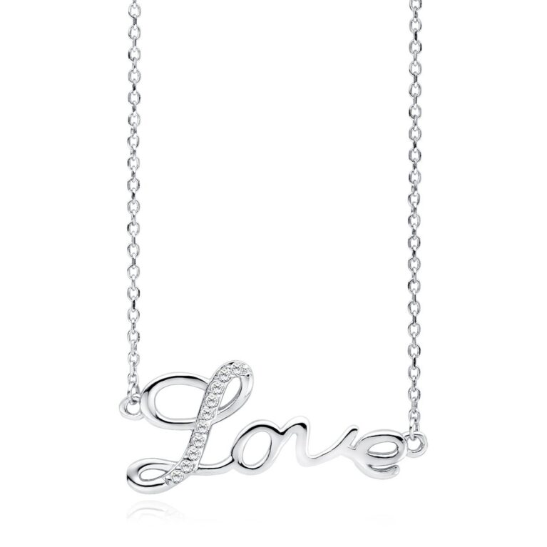 Κολιέ LOVE με Λευκά Ζιργκόν σε Ασημί, Χρυσό 14K ή Ροζ Χρυσό