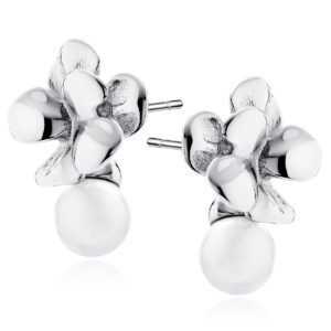 Καρφωτά Σκουλαρίκια Λουλούδι με Πέρλα 17 x 12 mm σε Χρυσό 14K ή Ασημί