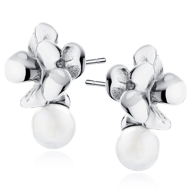Καρφωτά Σκουλαρίκια Λουλούδι με Πέρλα 17 x 12 mm σε Χρυσό 14K ή Ασημί