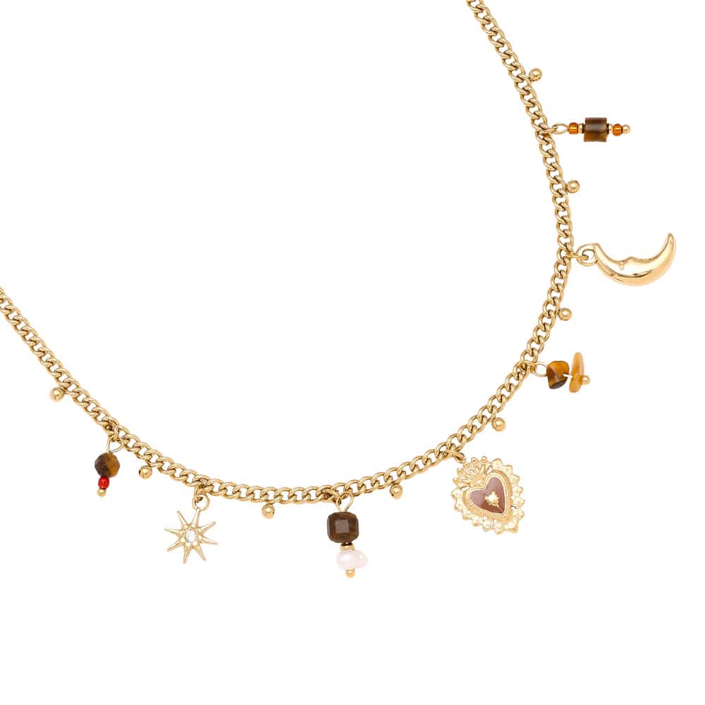 Κολιέ Δηώ από Ατσάλι 316L με Καφέ Φυσικές Πέτρες, Ήλιο, Μισοφέγγαρο και Καρδιά με Ζιργκόν 42 cm σε Χρυσό ή Ασημί - Image 4