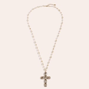 Μακρύ Κολιέ Ευδοκία από Ατσάλι 316L με Χάντρες και Σταυρό από Γυάλινες Πέτρες 86 cm σε Χρυσό – 4 Χρώματα