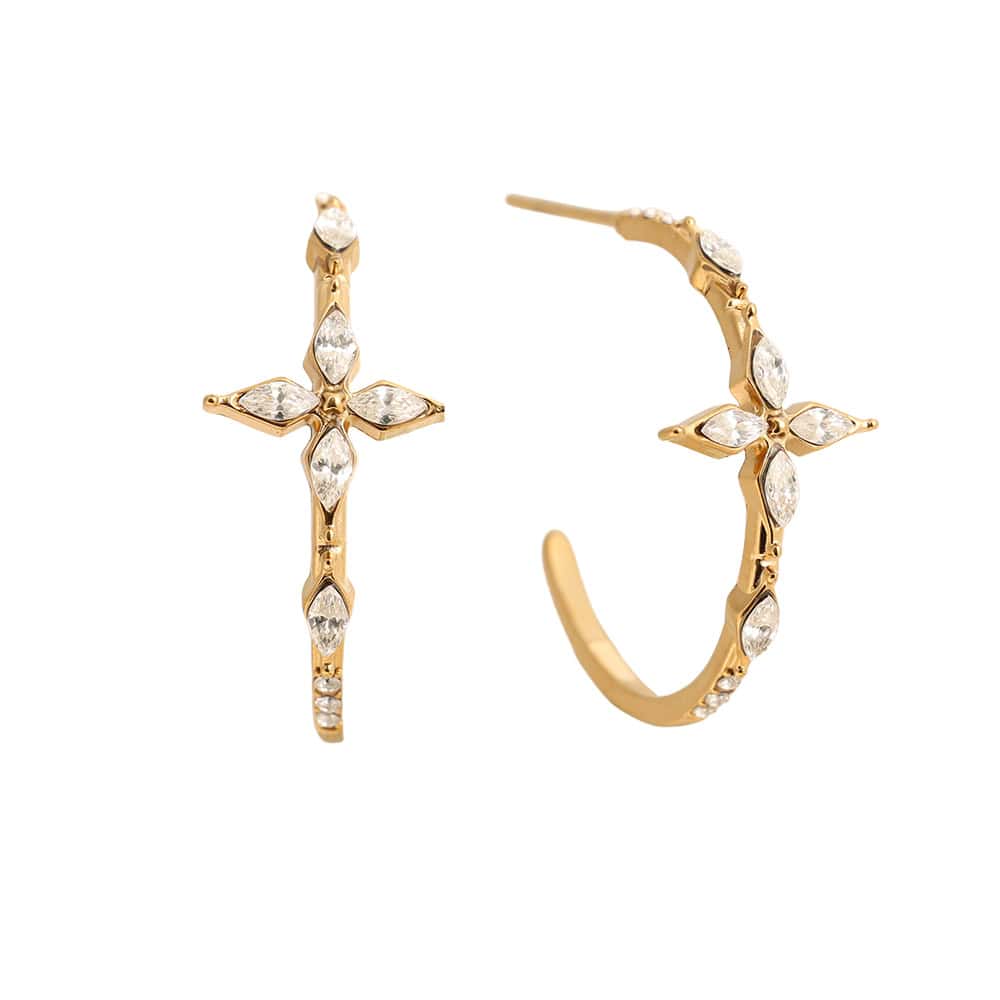 Ανοιχτοί Κρίκοι Κλεοπάτρα από Ατσάλι 316L με Αστέρι από Τέσσερα Μυτερά Ζιργκόν στο Κέντρο 24 mm σε Χρυσό ή Ασημί - Image 3
