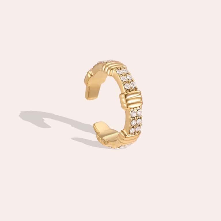 Φαρδύ Ear Cuff Πριγκίπισσα από Ατσάλι 316L με Ζώνες από Ζιργκόν και Λείες Ραβδώσεις, Χωρίς Τρύπα 15 mm σε Χρυσό ή Ασημί