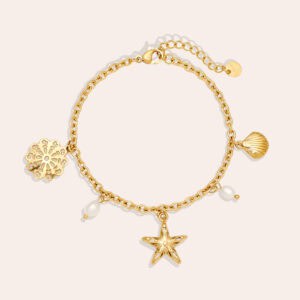 Βραχιόλι Πανόπη από Ατσάλι 316L με Διάτρητο Λουλούδι, Αστερία, Αχιβάδα και Μαργαριτάρια Γλυκού Νερού 17 cm σε Χρυσό ή Ασημί