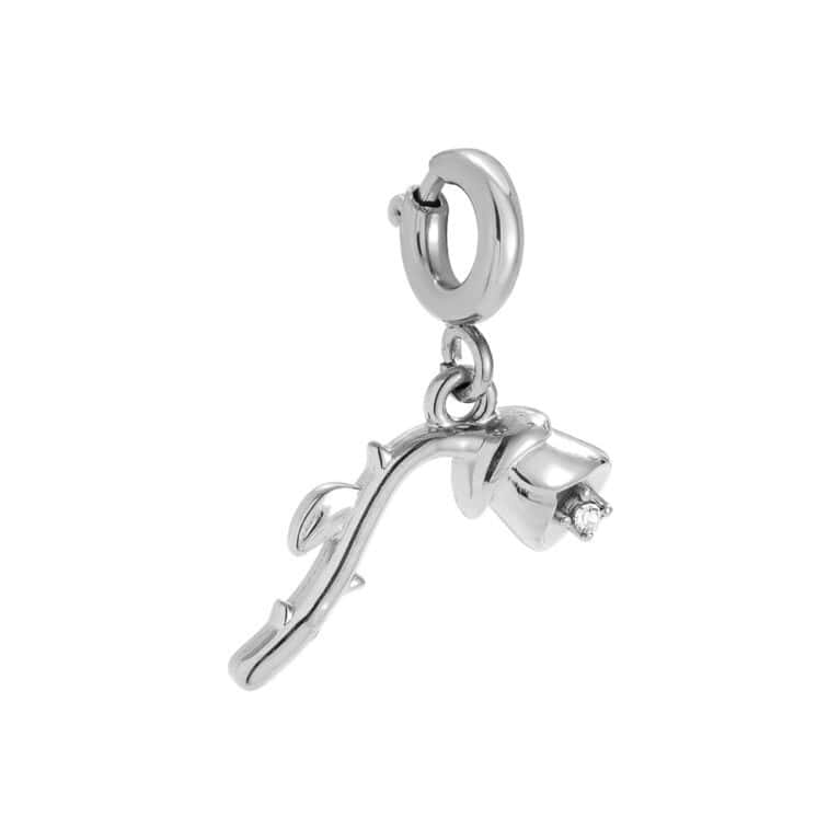 Charm Τριανταφυλλένια από Ατσάλι 316L σε Σχήμα Τριαντάφυλλου με Μίσχο, Αγκάθια και Ζιργκόν στο Άνθος 15 mm σε Ασημί