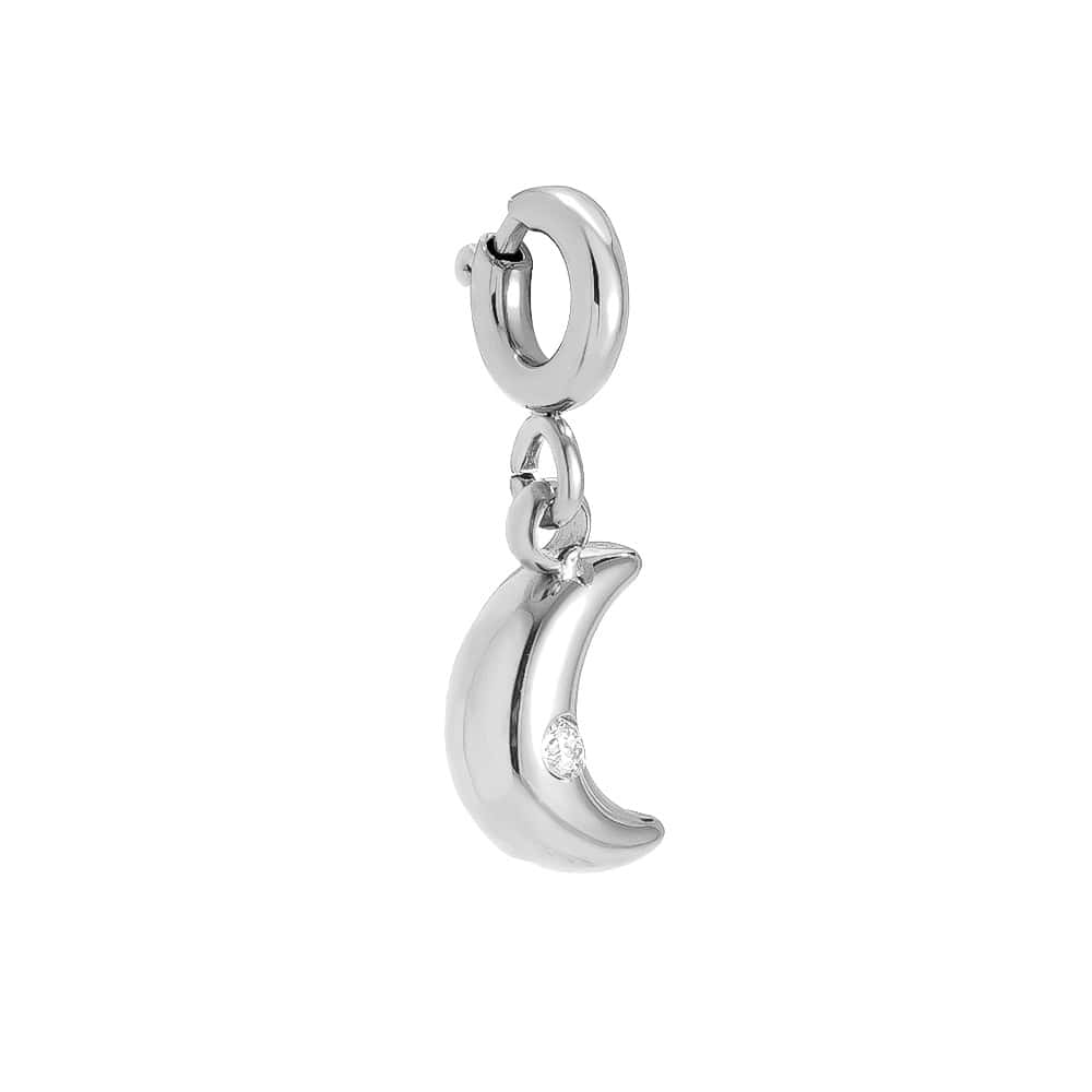 Charm Φεγγαρόπετρα από Ατσάλι 316L με Φουσκωτό Μισοφέγγαρο, Μικρό Ζιργκόν και Στρογγυλό Κούμπωμα 1 cm σε Ασημί