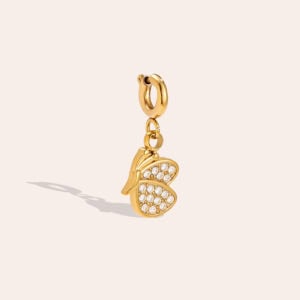 Charm Ίρις από Ατσάλι 316L σε Σχήμα Πεταλούδας σε Προφίλ με Φτερά Στρωμένα με Ζιργκόν 29 mm σε Χρυσό