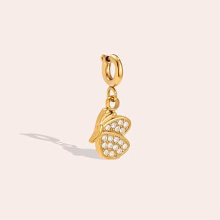 Charm Ίρις από Ατσάλι 316L σε Σχήμα Πεταλούδας σε Προφίλ με Φτερά Στρωμένα με Ζιργκόν 29 mm σε Χρυσό