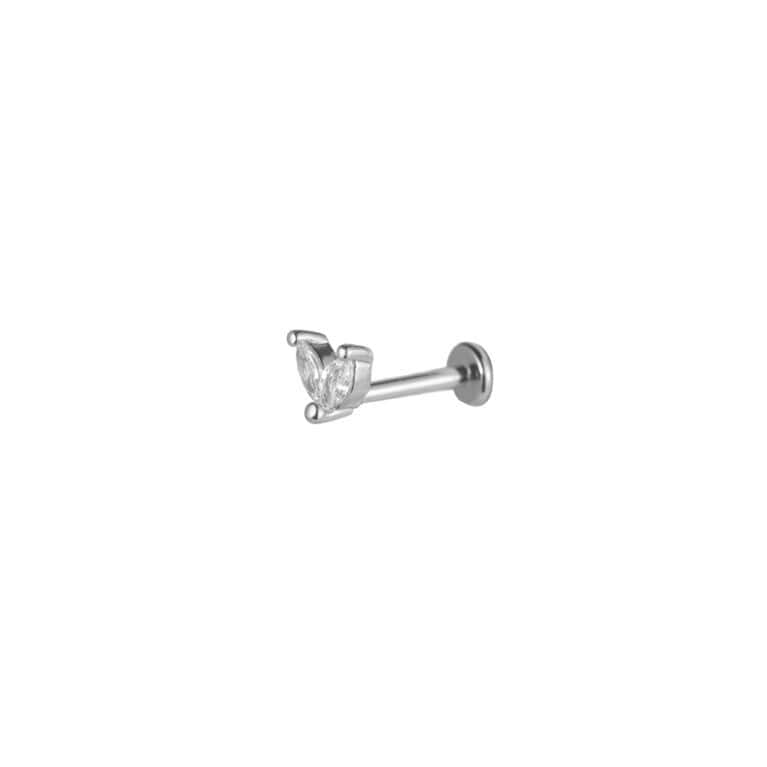 Piercing Δάφνη από Ατσάλι 316L με Δύο Φύλλα από Μυτερά Ζιργκόν και Επίπεδη Βάση σε Ασημί