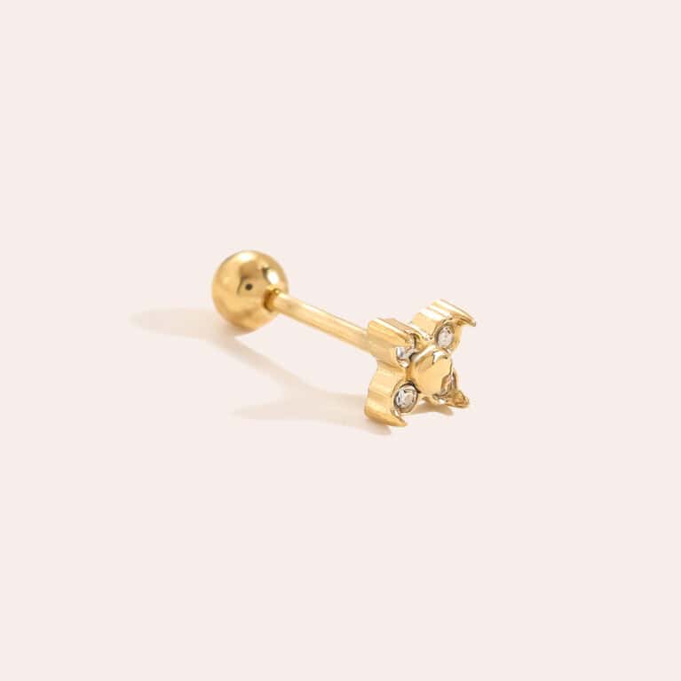 Piercing Ευανθία από Ατσάλι 316L με Μικροσκοπικό Τετράφυλλο Λουλούδι, Ζιργκόν και Βιδωτή Μπίλια σε Χρυσό ή Ασημί