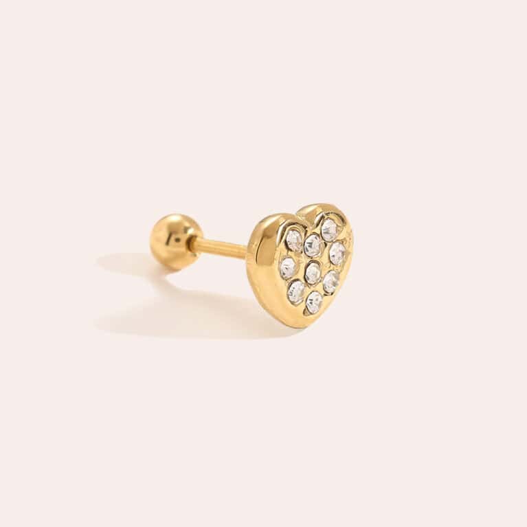Piercing Ελαφόνησος από Ατσάλι 316L με Καρδιά Στρωμένη με Ζιργκόν και Βιδωτή Μπίλια σε Χρυσό ή Ασημί