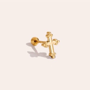 Piercing Τήνος από Ατσάλι 316L με Φουσκωτό Σταυρό με Τρίλοβες Άκρες 9 mm σε Χρυσό ή Ασημί