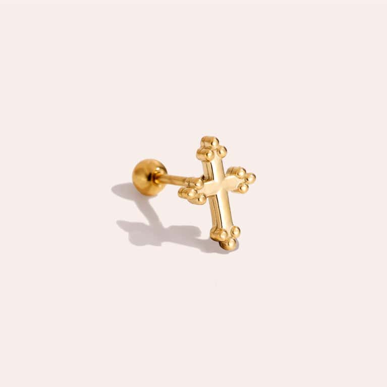 Piercing Τήνος από Ατσάλι 316L με Φουσκωτό Σταυρό με Τρίλοβες Άκρες 9 mm σε Χρυσό ή Ασημί
