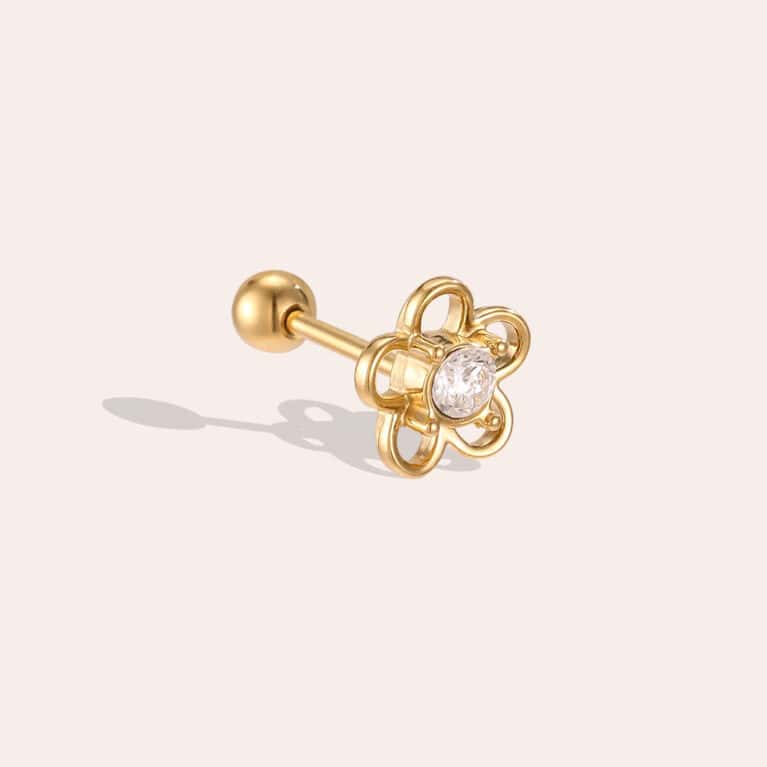 Piercing Ζουμπούλι από Ατσάλι 316L με Λουλούδι-Περίγραμμα και Ζιργκόν στο Κέντρο 6 mm σε Χρυσό ή Ασημί